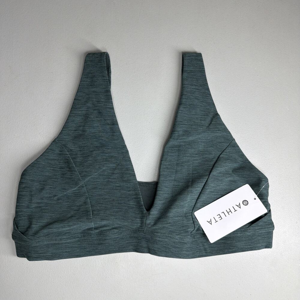 Athleta Softluxe Bra Medium D-DD Pine Heather Green Deep V Lounge Sports Bra